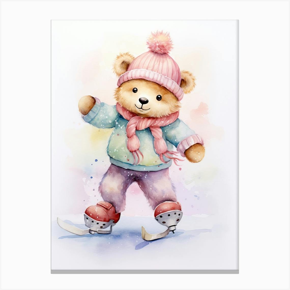 Ice Skating Teddy Bear Painting Watercolour 3 Canvas Print by Tiny Wonders Nursery Art Fy
