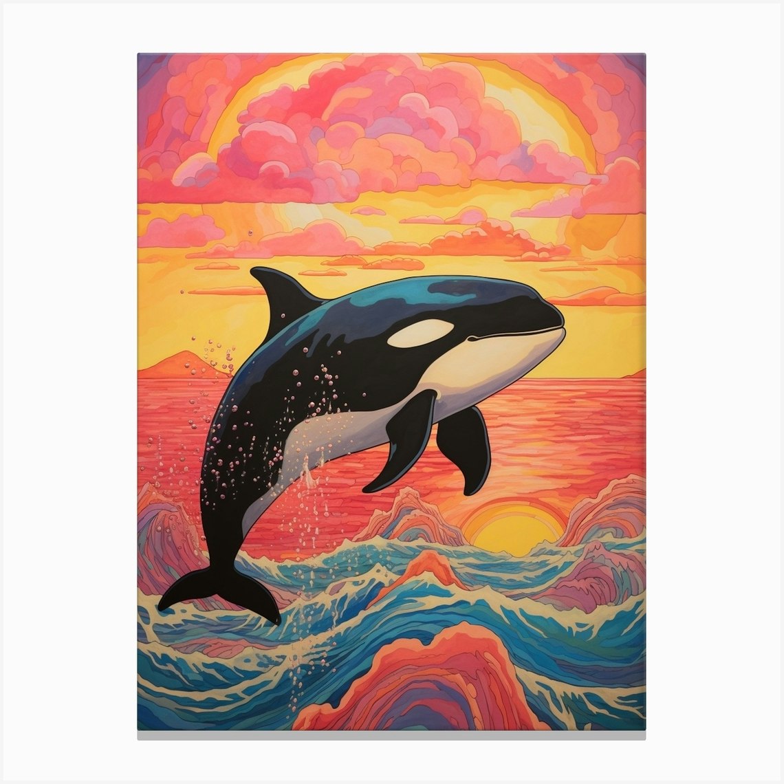 Rainbow Waves Orca Crayon Drawing 3 Canvas Print by Energy of the Sea - Fy