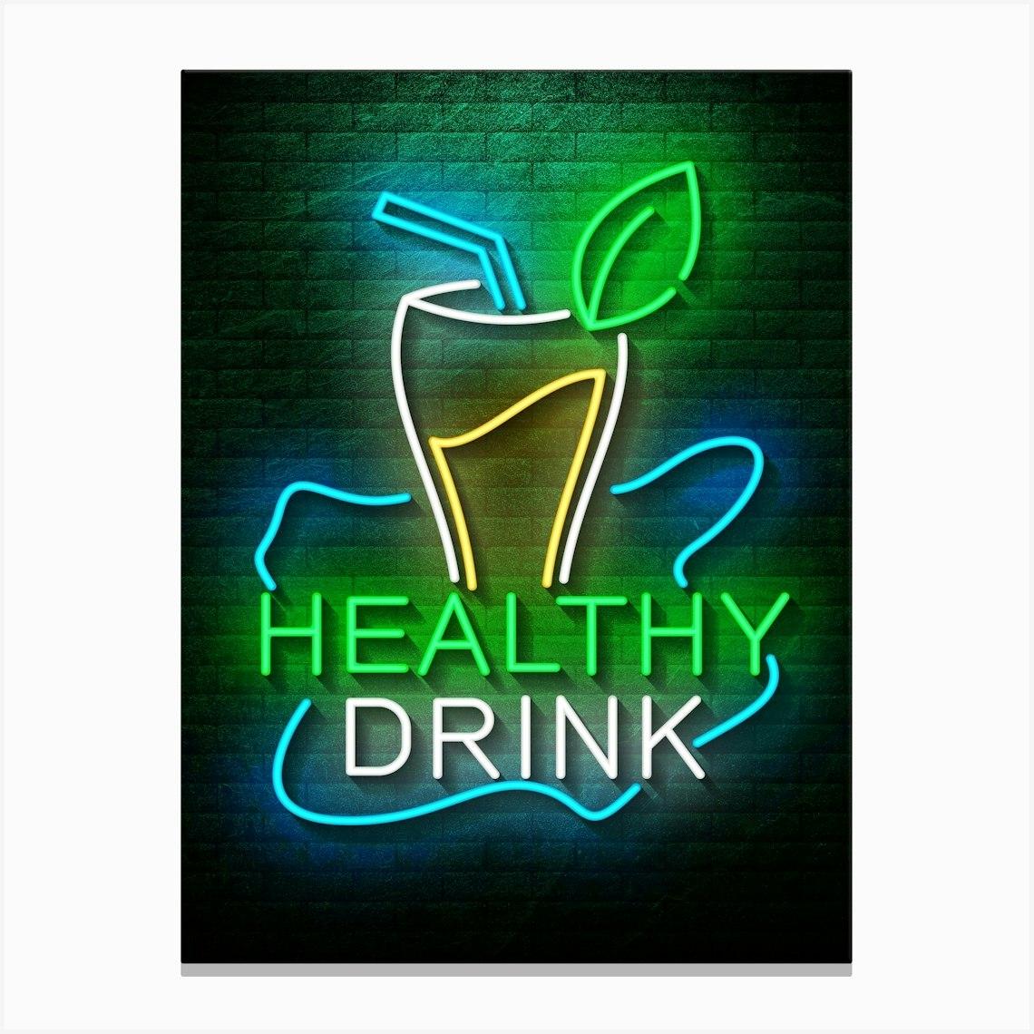 Healthy drink — Neon food sign, Food kitchen poster, photo art Canvas ...