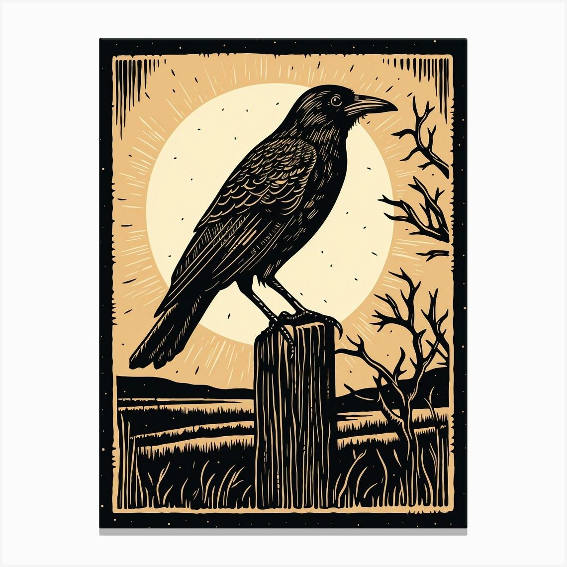 Crow Lady No. 5 - Original Handcarved Linocut Linoprint, B/W Limited edition featuring Mythical Motif with Woman and outlet Raven