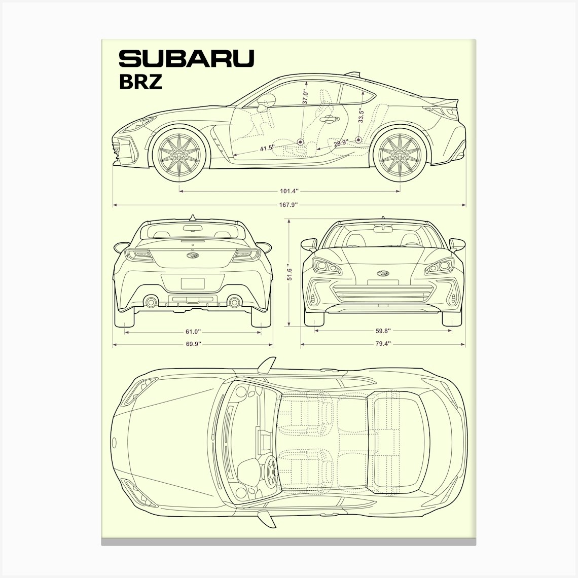 Subaru Brz Car Blueprint Canvas Print By Sam Kal - Fy