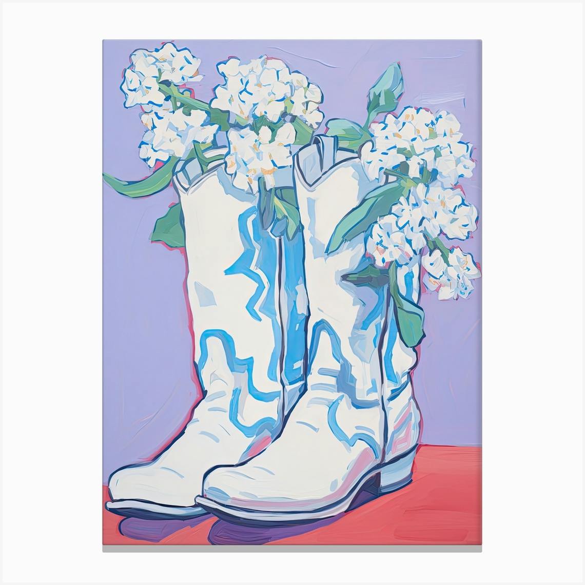 A Painting Of Cowboy Boots With White Flowers Fauvist Style Still Life 1 Canvas Print by Blossom Boots Fy