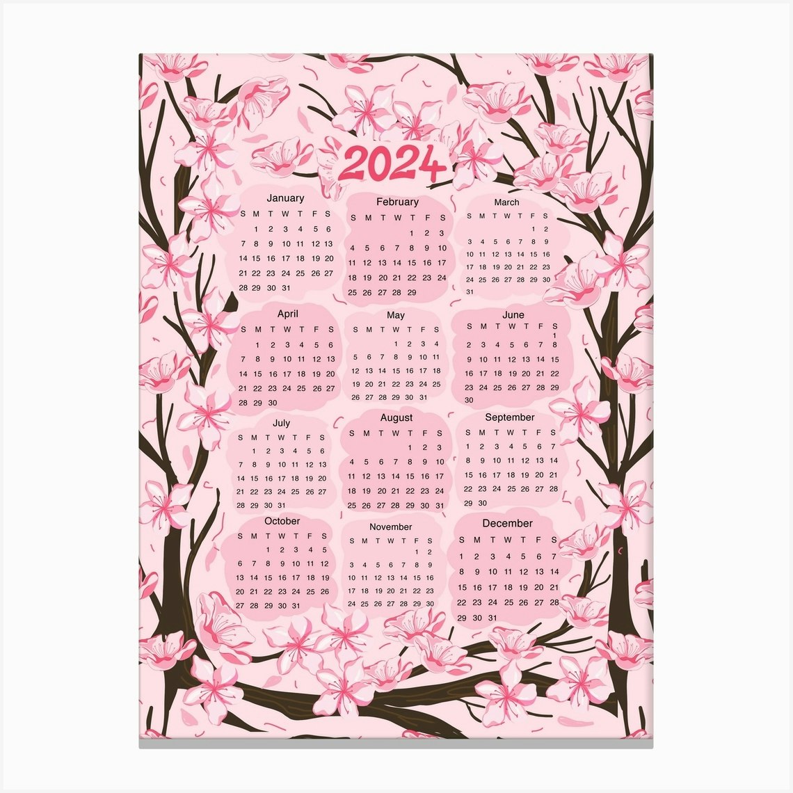 Cherry Blossom Calendar 2024 Canvas Print by Mitalim Designs Fy