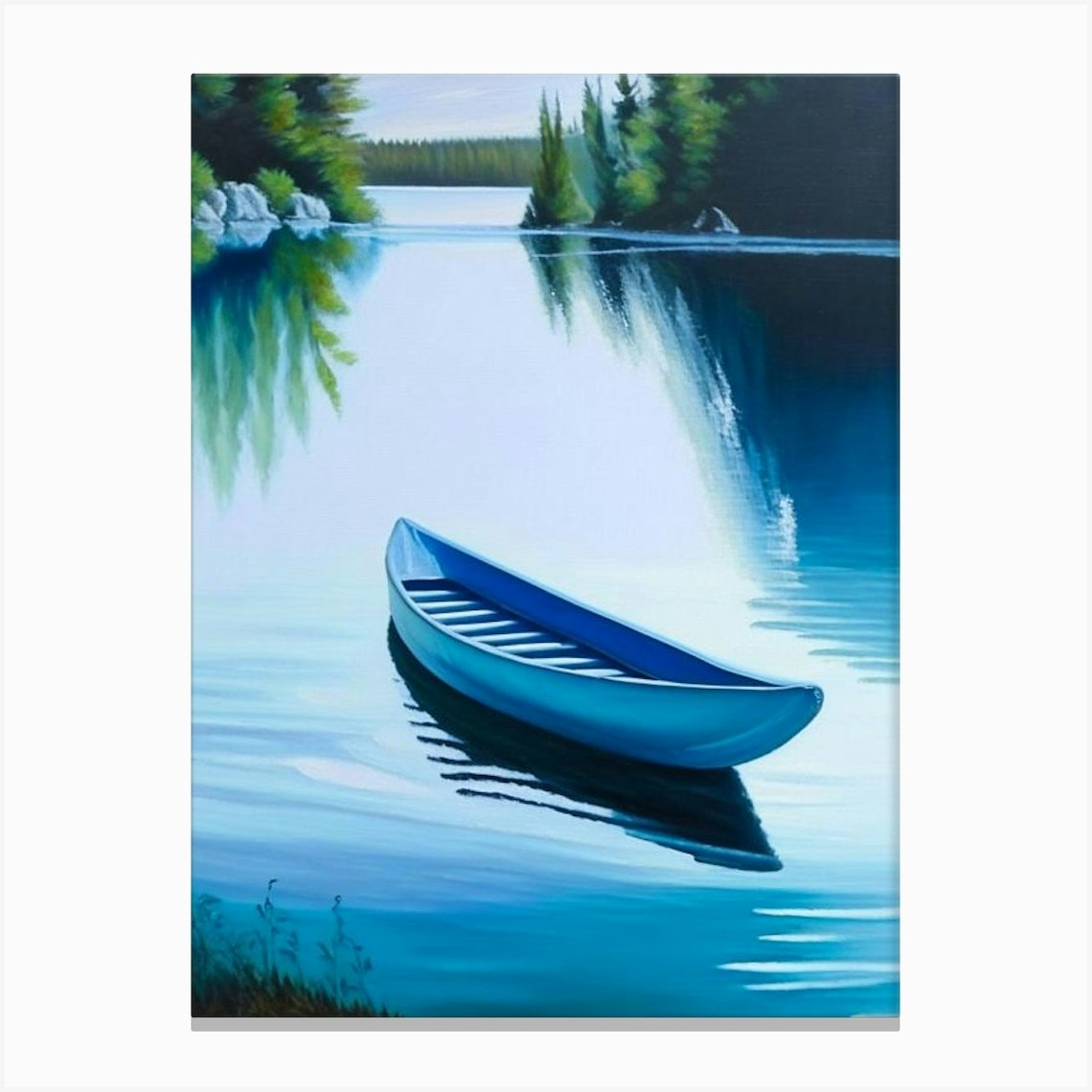 Canoe On Lake Water Waterscape Marble Acrylic Painting 1 Canvas Print