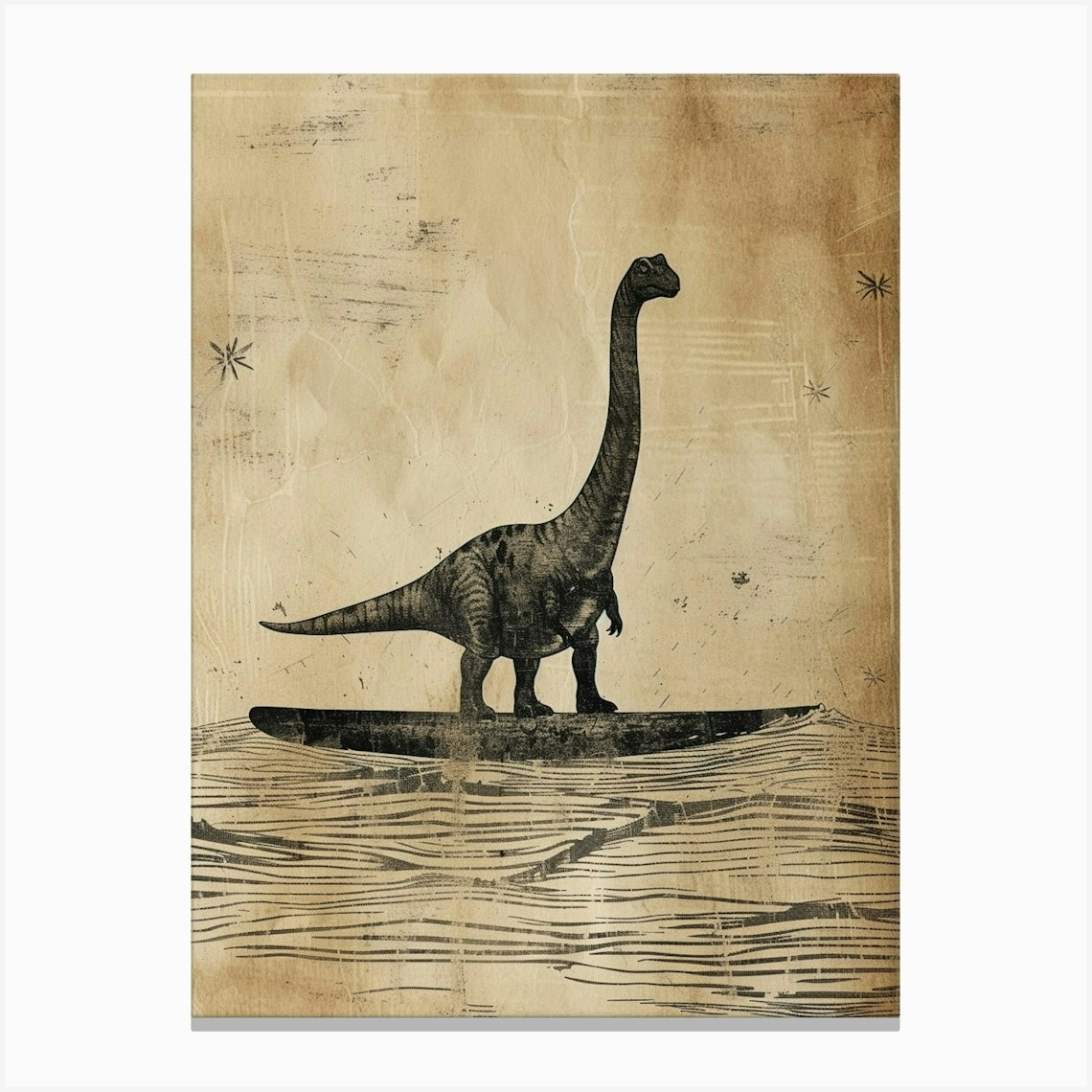 Vintage Brachiosaurus Dinosaur On A Surf Board 3 Canvas Print by ...