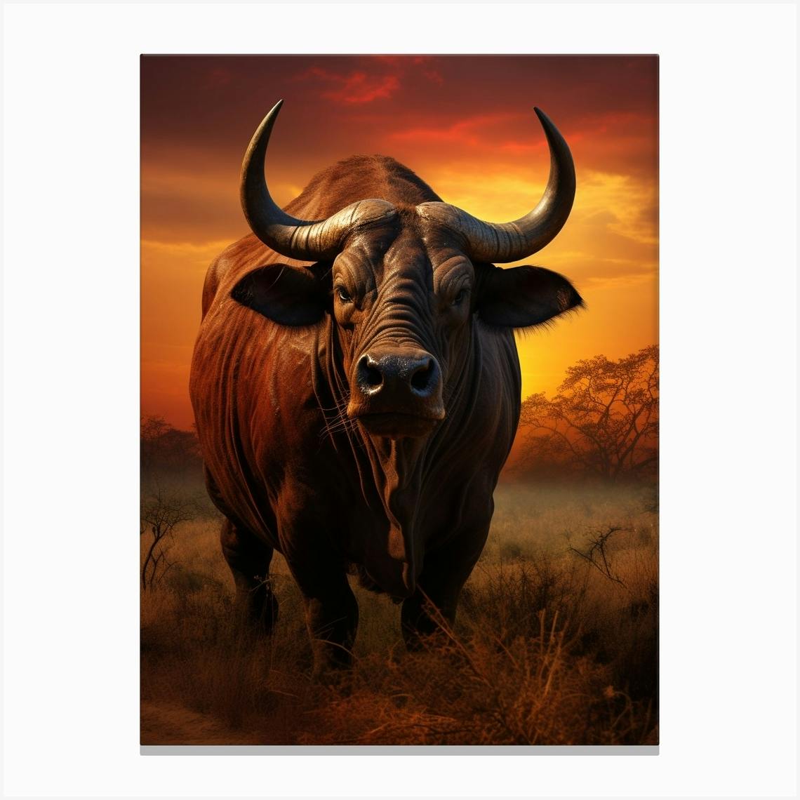 Framed Buffalo Portrait in a Landscape, Oil Painting Print on Canvas, Vintage Western Print, Cabin Décor, Giclée Wall Art hot