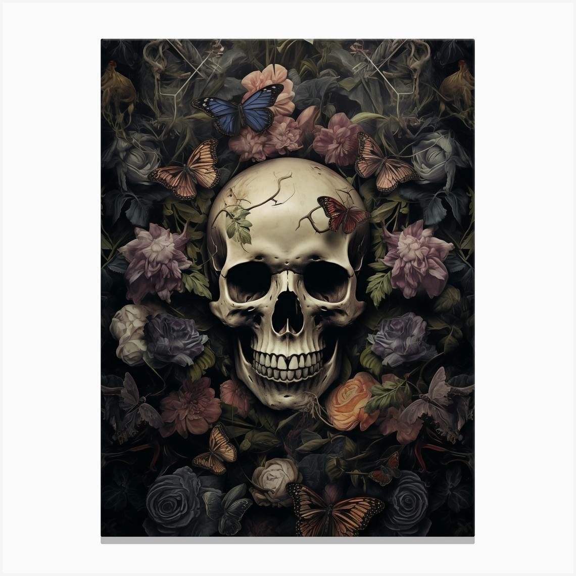 Gothic Skulls And Roses In Dark Shades Pattern Canvas Print