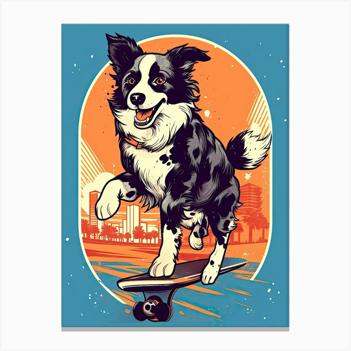 Border Collie Dog Skateboarding Illustration 2 Canvas Print by Rolling Art Fy