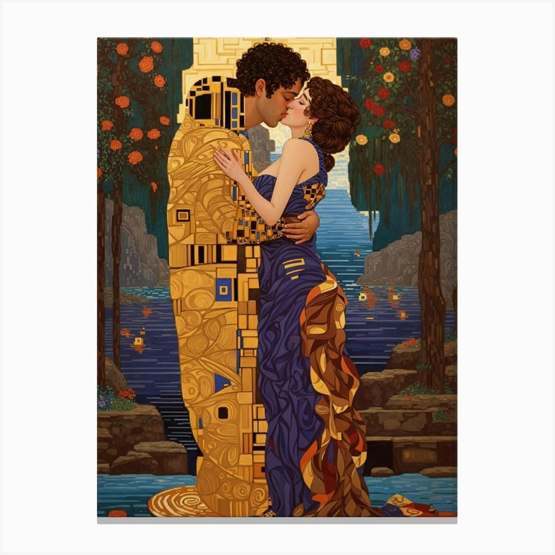 A pixel art version of Gustav Klimt's The Kiss Art Print by A pixel art version of Gustav Klimt's The Kiss Art Print by