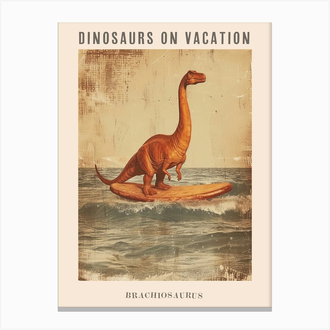 Vintage Brachiosaurus Dinosaur On A Surf Board 1 Poster Canvas Print by ...