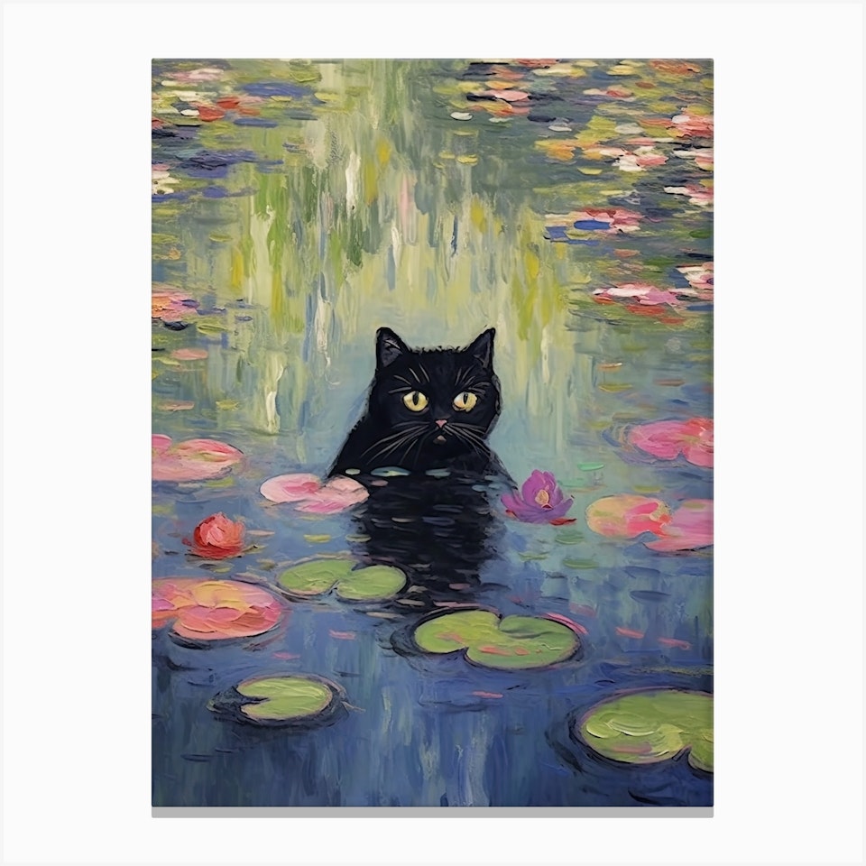 Water Lilies And A Black Cat Inspired By Monet 1 Art Print By Mambo - Fy