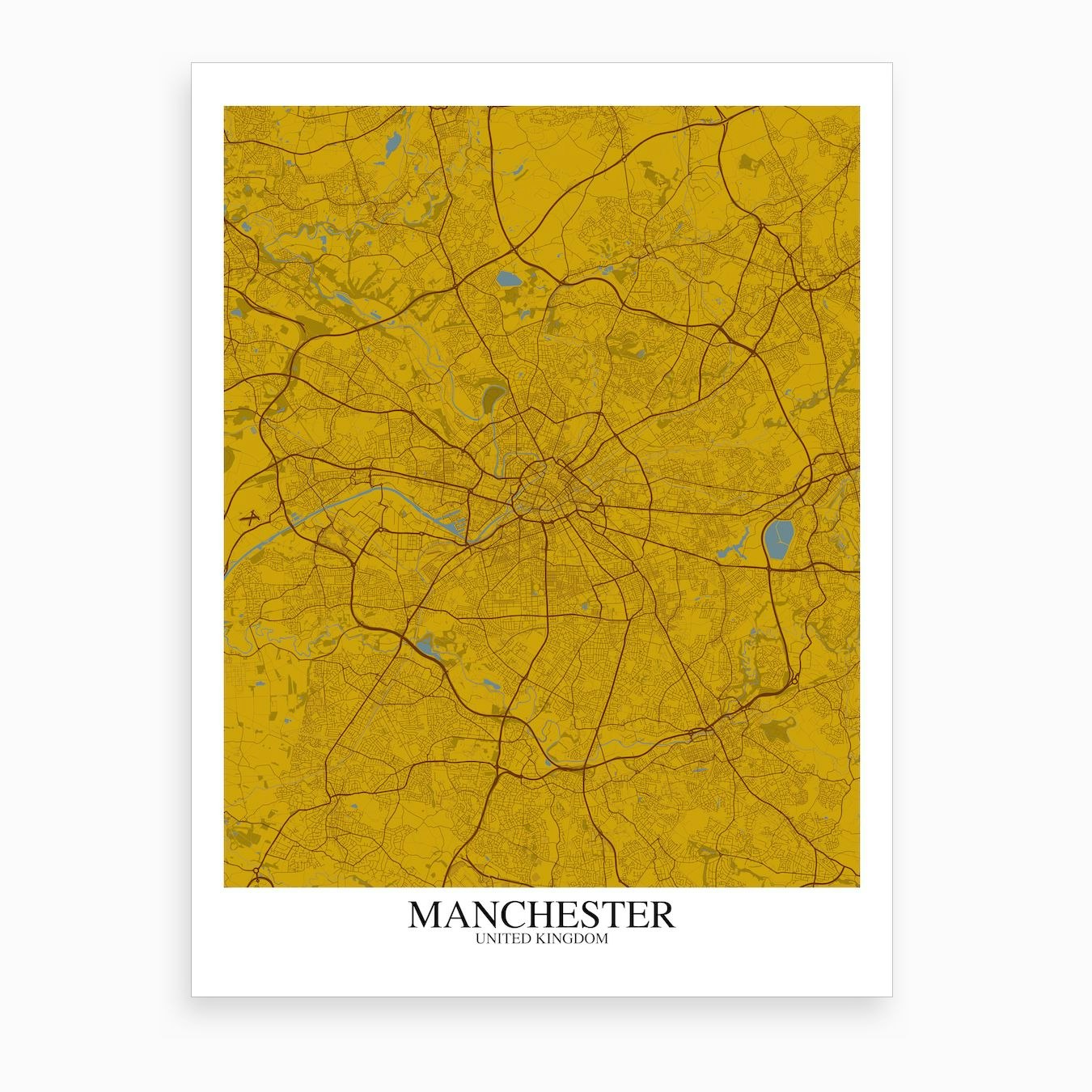 Manchester Yellow Blue Map Art Print by Mapply - Fy