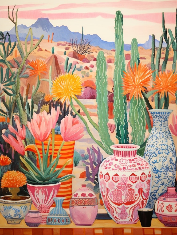 Cactus Painting Maximalist Still Life Hedgehog Cactus 2 Art Print by