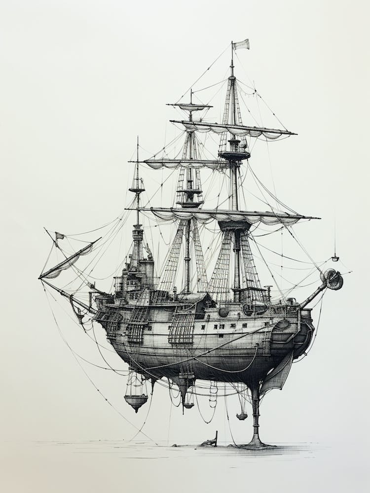 Sailing Ship - 12 X 18 Original Framed Pencil factory Drawing - SALE