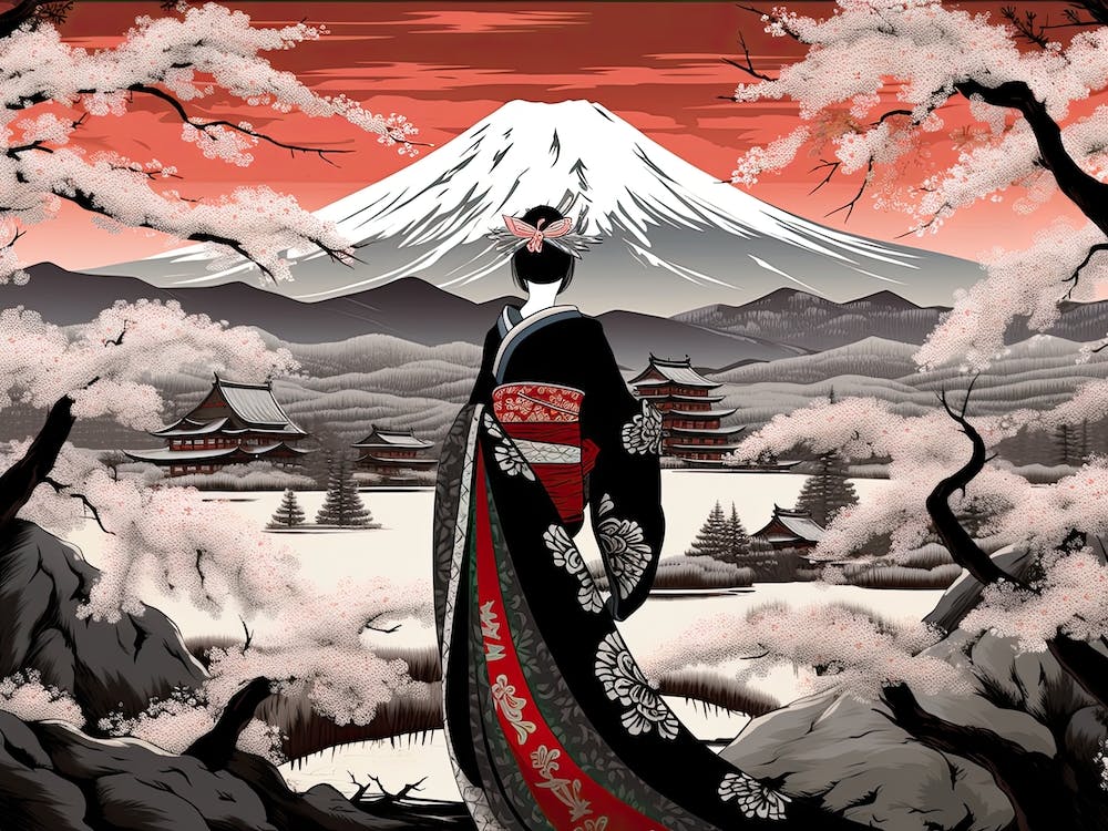 Ukiyo E Mount Fuji Japan Geisha Colour 3 Art Print by Blade