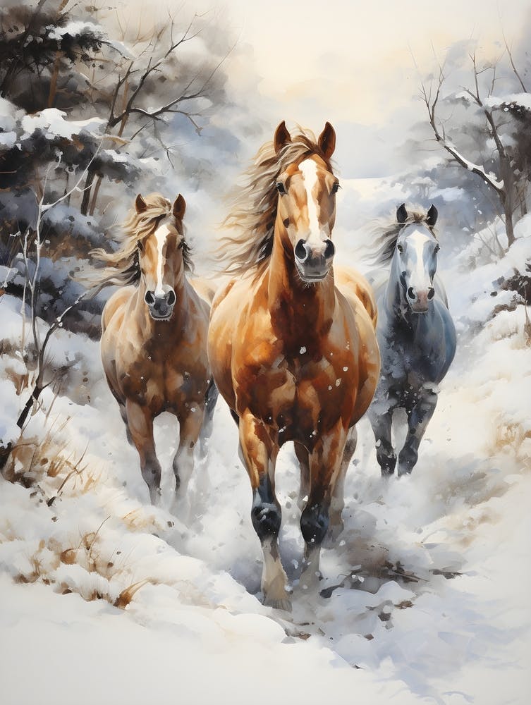 Art Print - Three offers Horses and a Pup 18x24