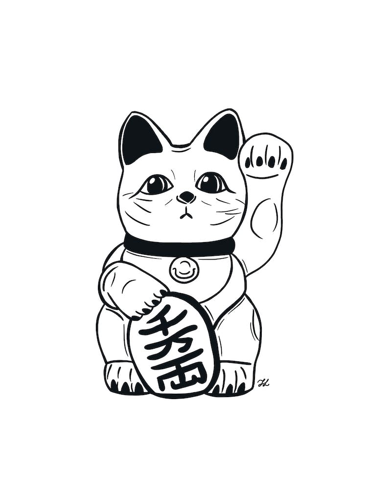 Black And White Lucky Cat Art Print by Frankk Studio - Fy Black And White Lucky Cat Art Print by Frankk Studio - Fy