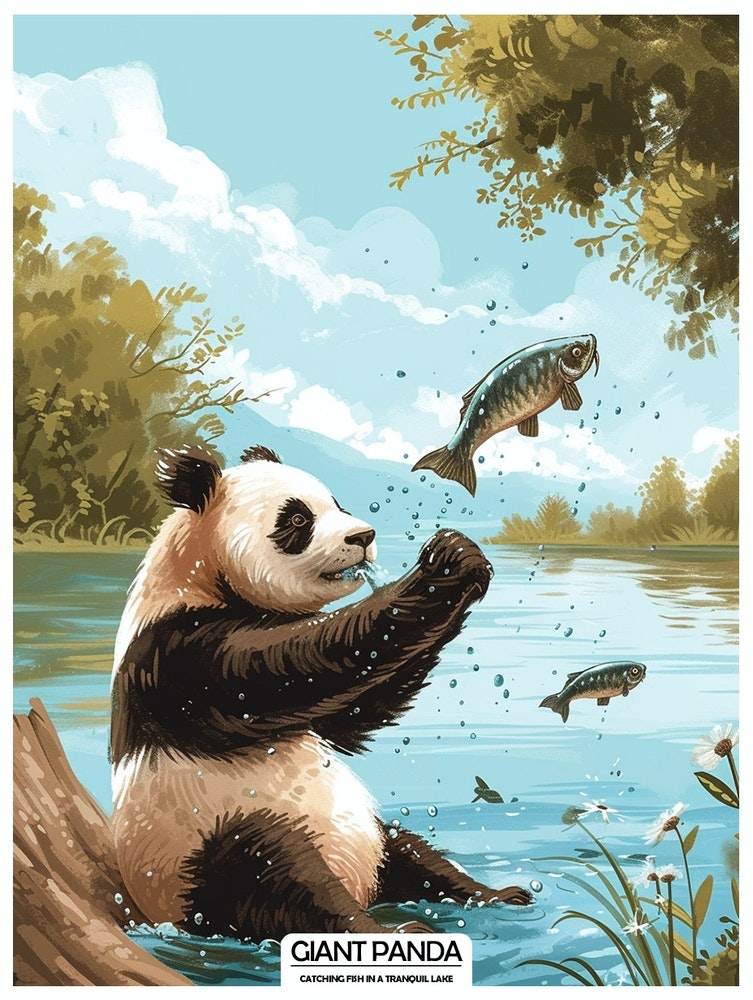 Giant Panda Catching Fish In A Tranquil Lake Poster 3 Art Print by