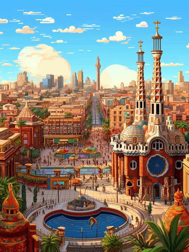 Barcelona Pixel Art 2 Art Print by PixelPerfect - Fy