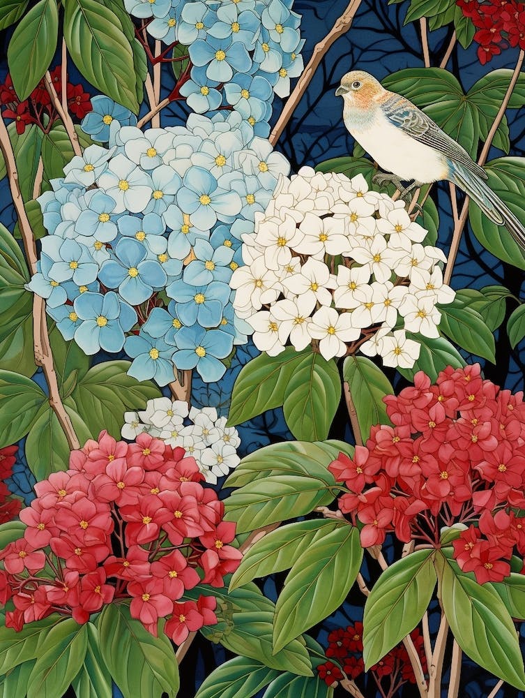 Hydrangea And Birds 2 Vintage Japanese Botanical Art Print