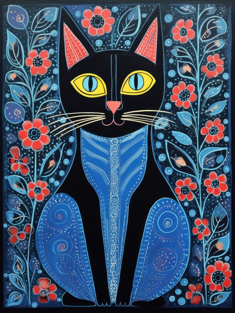 Black Cat With Blue Flowers in Gond Painting Style Art Print by ...