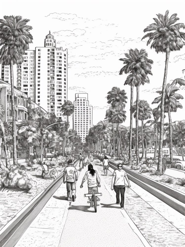 View Of Honolulu Hawaii Line Art Black And White 3 Art Print