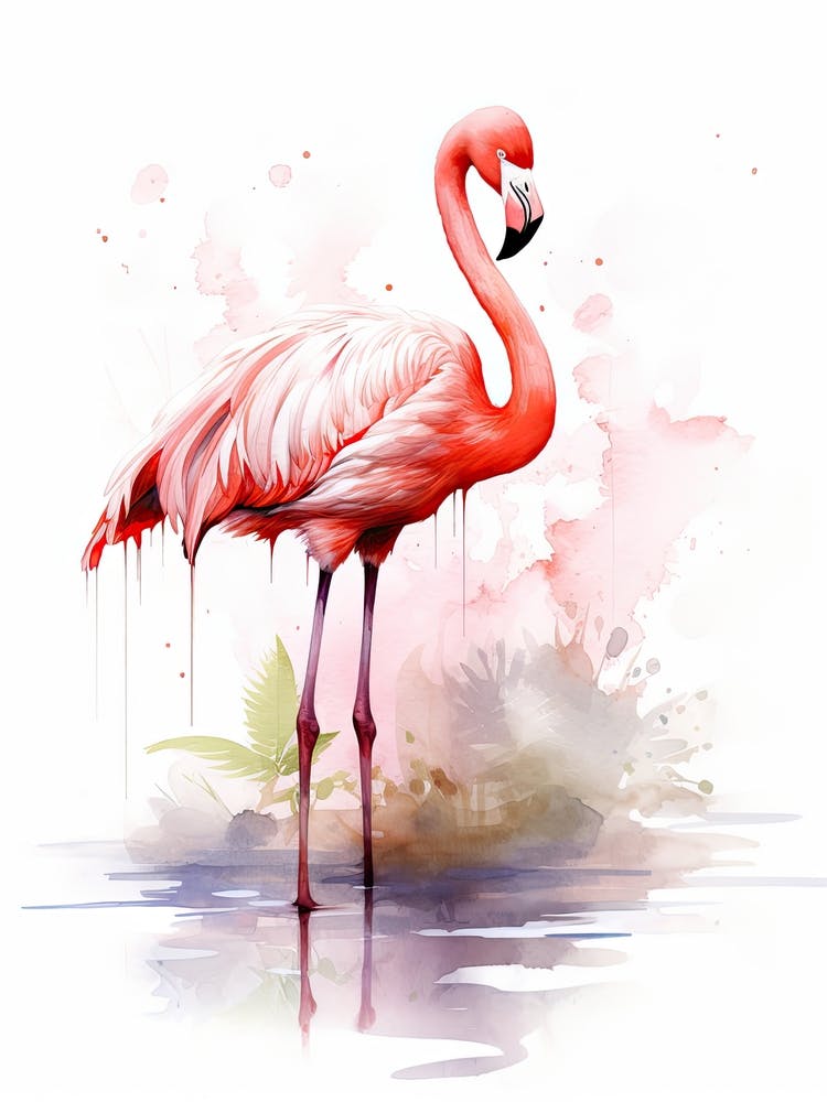 Pink Flamingo Watercolour In Autumn Colours 1 Art Print by Tiny