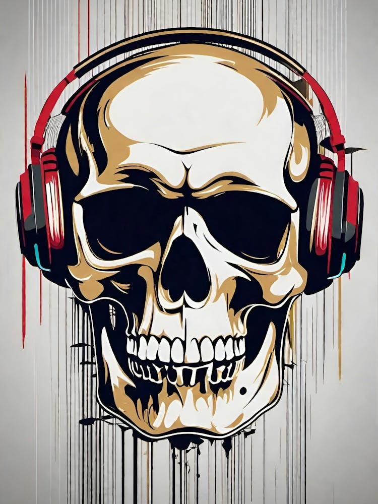 アート・デザイン・音楽 SKULL STYLE Hardcore Punk Music Artwork Vibrant Skull With Headphones