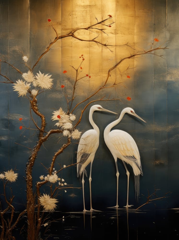 Two Cranes In A Tree Art Print by Moving Clouds Art - Fy