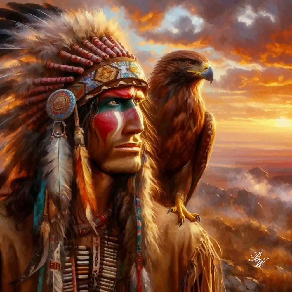 Oil Texture Native American Indian With Hawk On Shoulder Art