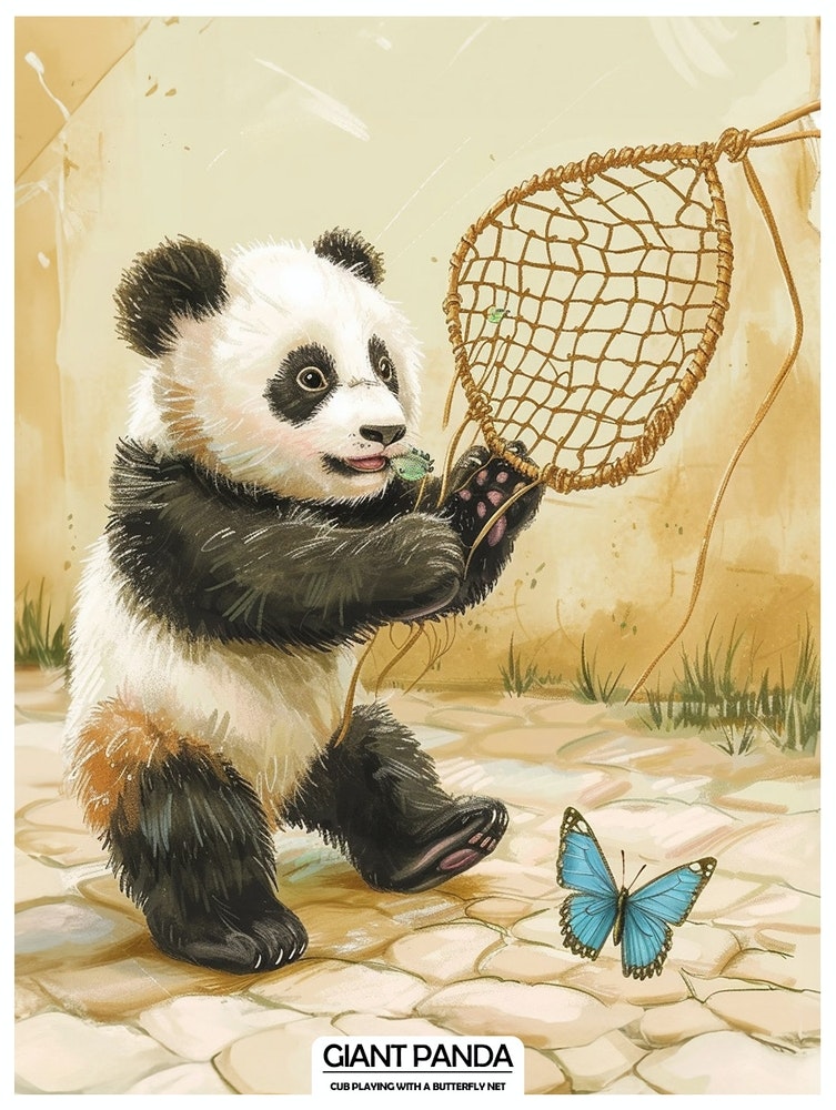Giant Panda Cub Playing With A Butterfly Net Poster 1 Art Print by  BearBrush Studios - Fy