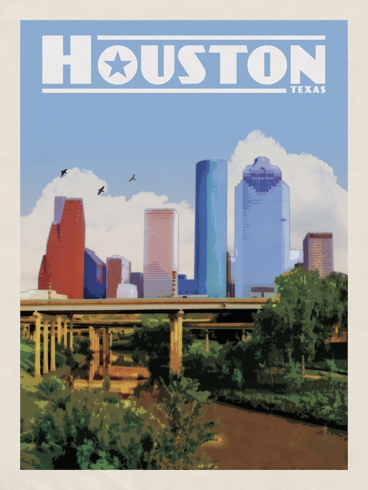 Houston, Texas, Retro Skyline, Lantern Press Artwork, Tote Bag