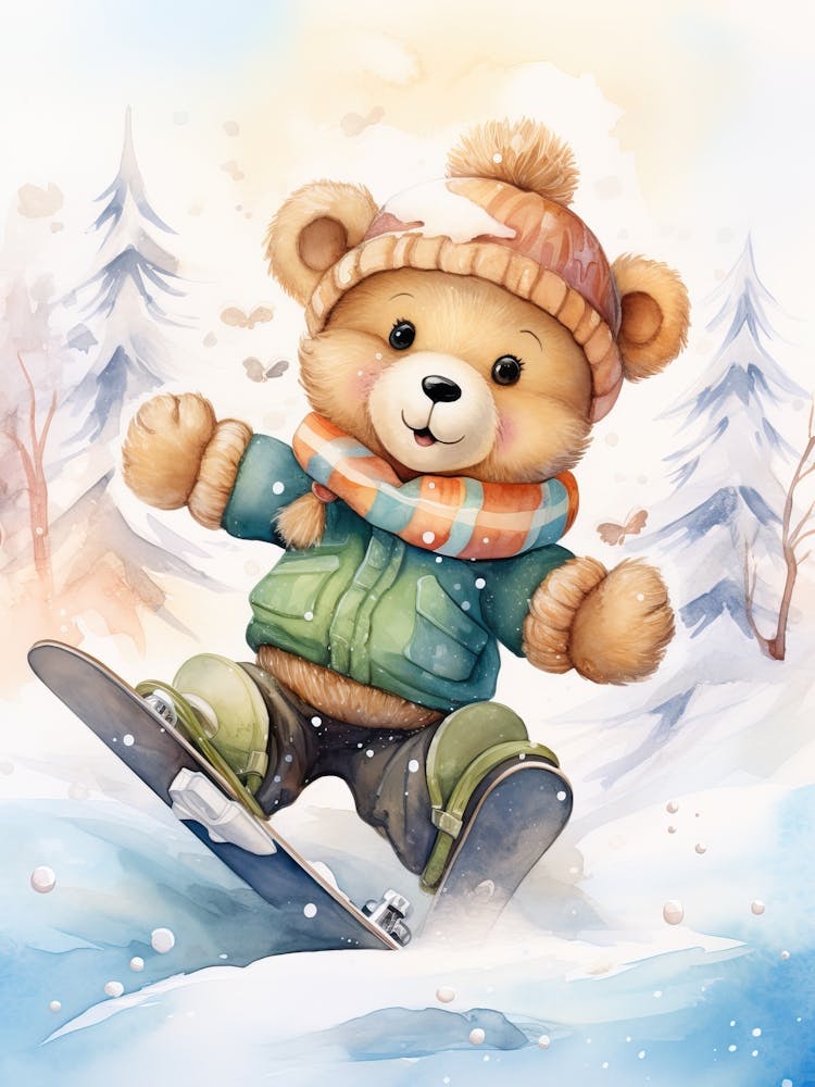 Snowboarding Teddy Bear Painting Watercolour 1 Art Print by Tiny Wonders Nursery Art Fy