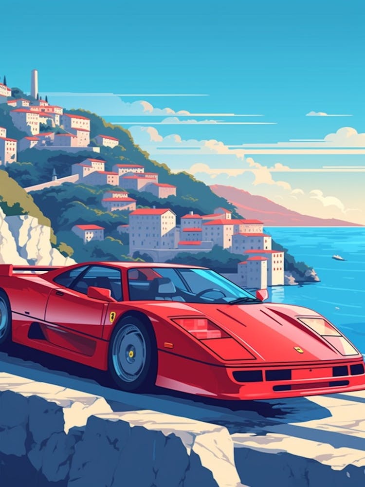 A Ferrari F40 In Amalfi Coast, Italy, Car Illustration 2 Art Print