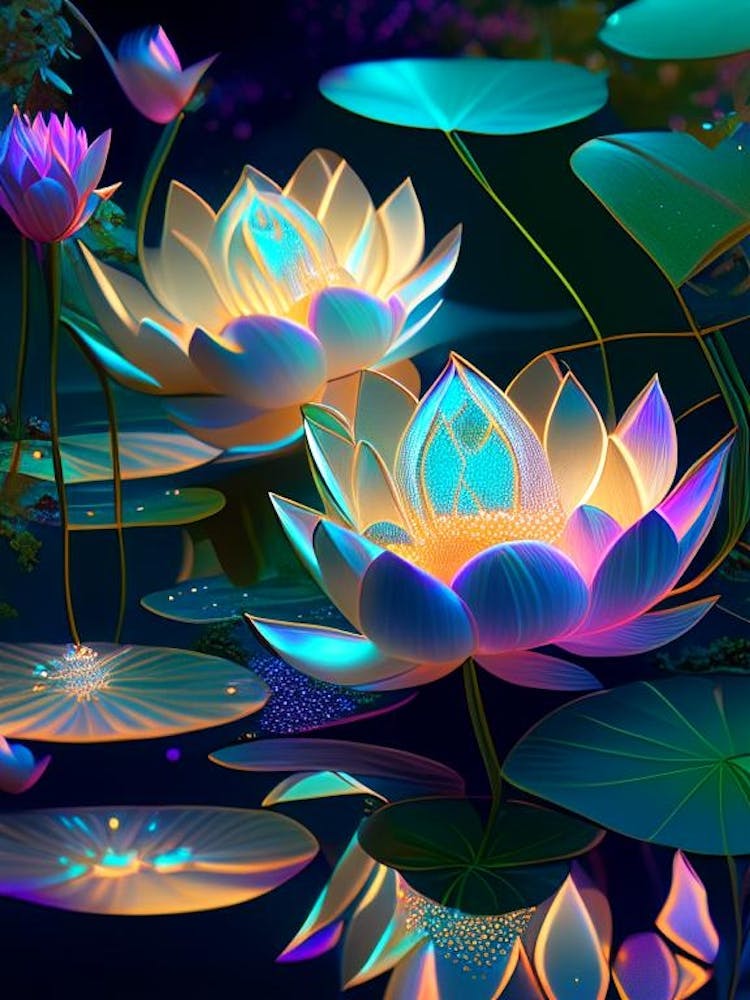 Lotus Flowers In Garden Holographic 4 Art Print by The Artsy