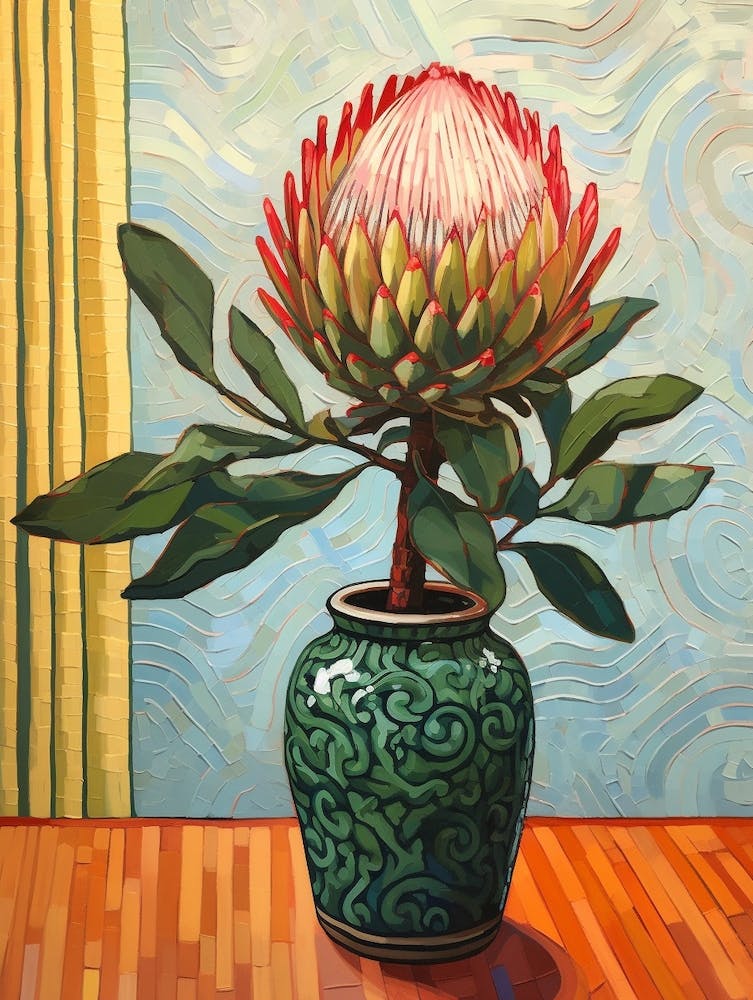 South African fashion Protea Bloom in Vase Inside During Winter Still Life Acrylic Painting on Wood