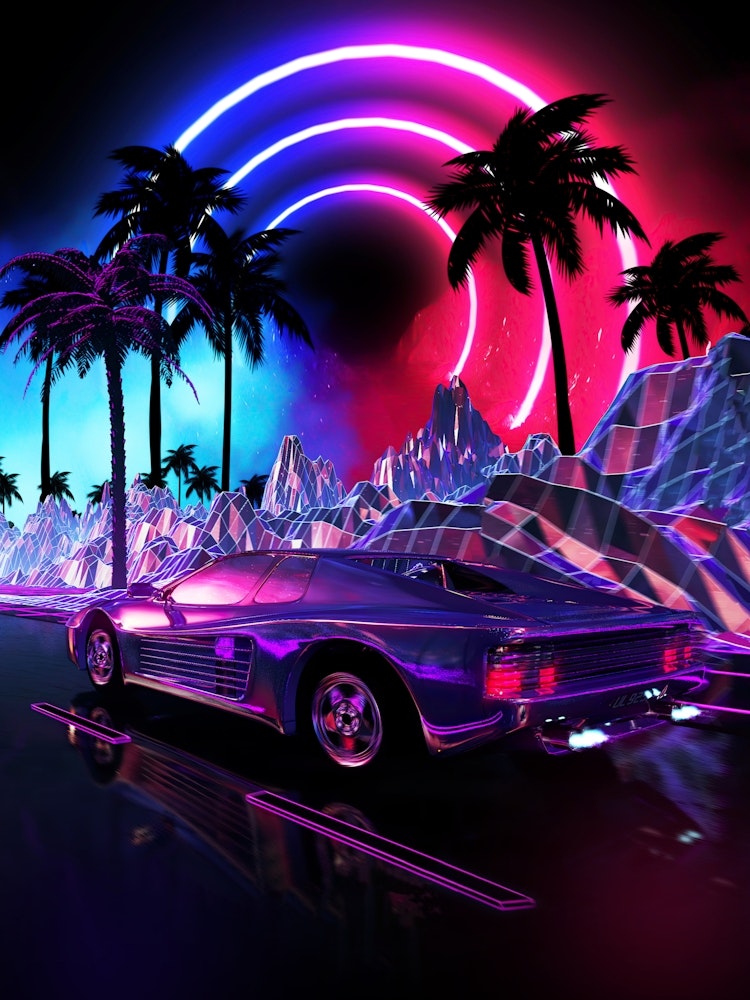 Neon landscape: Synthwave palms & car, outrun [synthwave/vaporwave ...