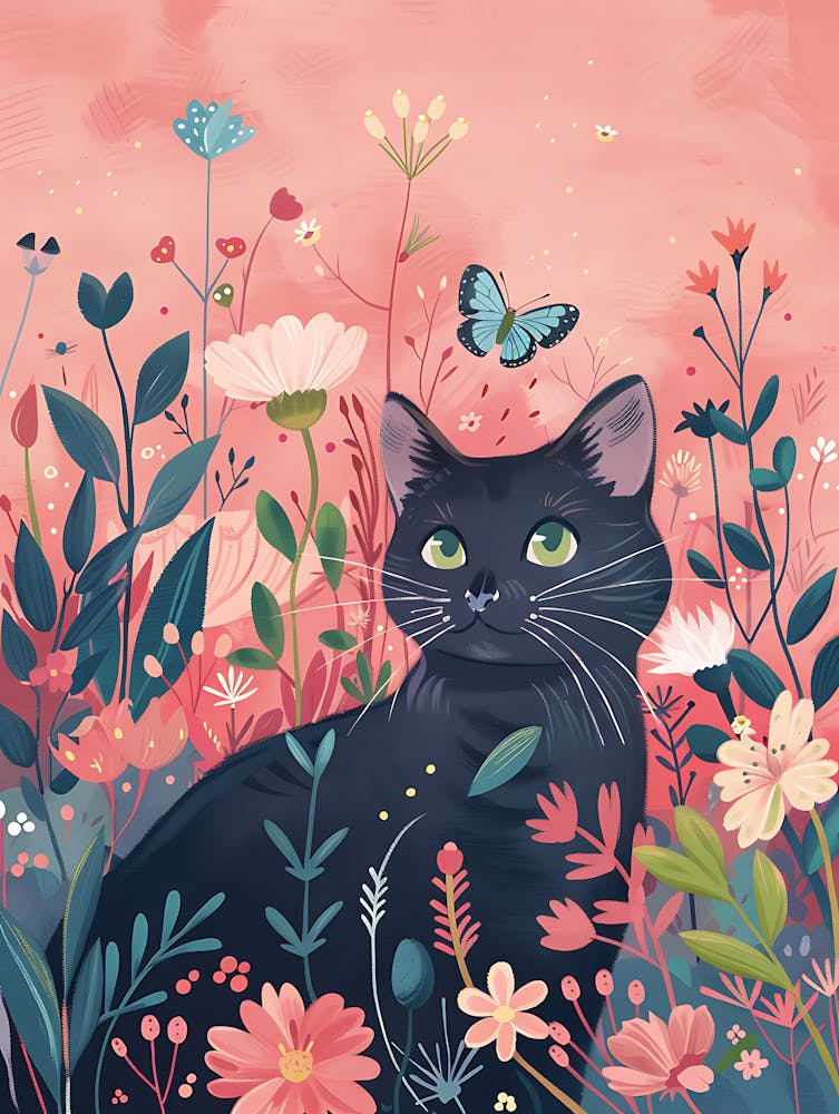 Black Cat Art, Purple Garden - 16 x 16 Giclee, Cat Art, Whimsical, Cat Decor, orders Floral Cat, Cat Lovers