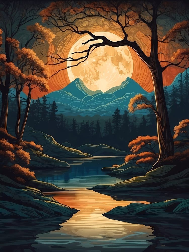 Full Moon Silhouette of Nature's Landscape at Night. Art