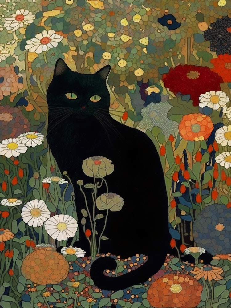 Klimt Style, Black Cat In A Garden Art Print by Mambo - Fy