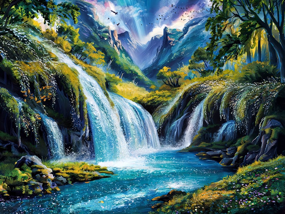 絵画 Mountain waterfall Mountain Waterfall Oil Painting #4 Canvas Print by Oil