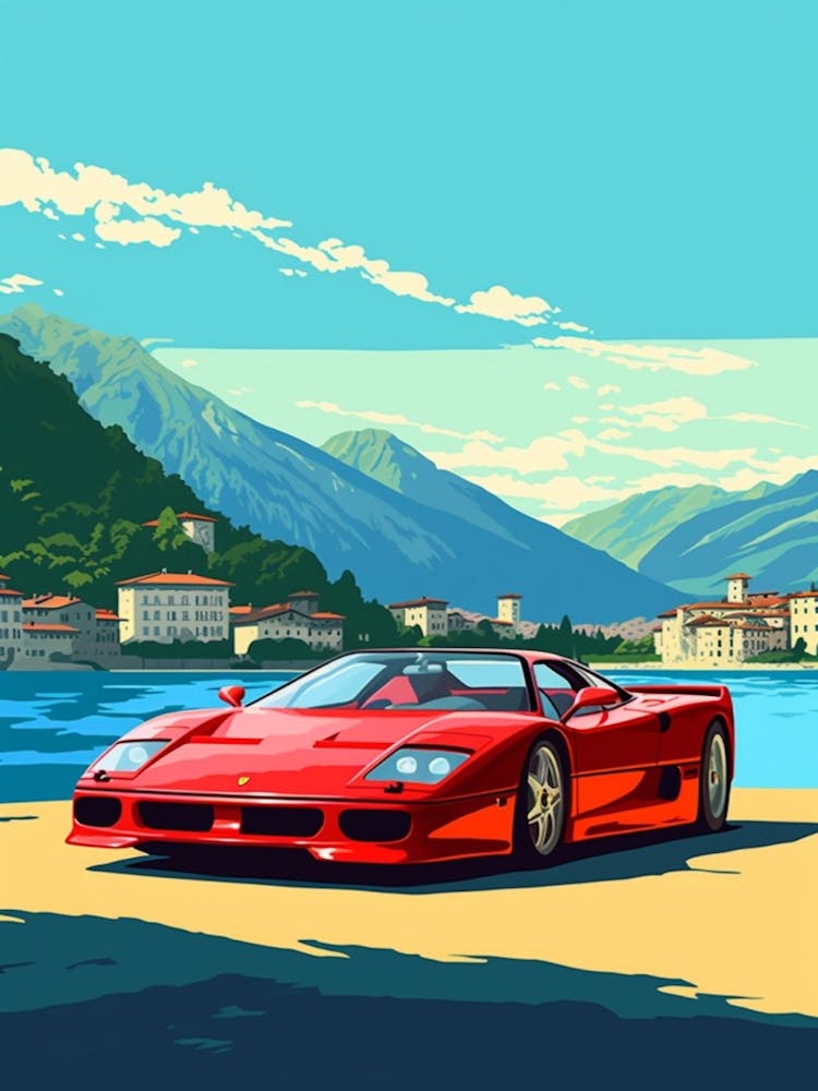 好きに 油彩画 Ferrari F40 赤 山 湖 風景画 | barstoolvillage.com