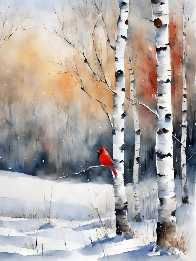 Winter Sunset Painting, Watercolor Landscape, Winter buy Birch Trees painting