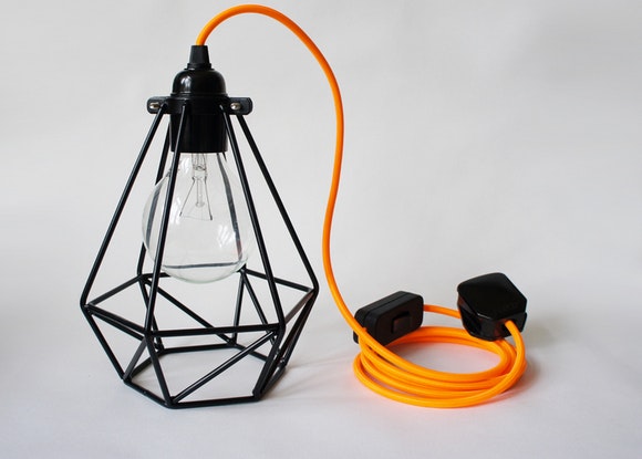 Diamond Cage Pendant Light with Plug- Orange Cord/Black Cage by The Electrical Shop