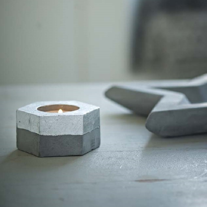Small Geometric Concrete T-Light Holder With Silver Finish by Tutti & Co