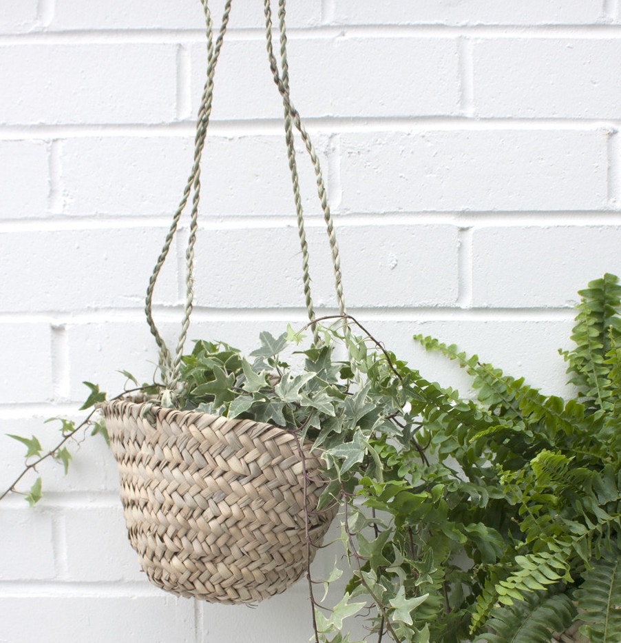 Woven Straw Hanging Planter by