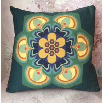 Dark Green Flower Power Cushion by Katie Wallis
