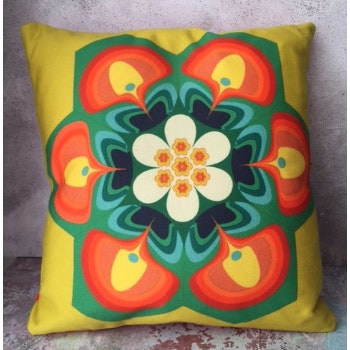 Yellow Flowerpower Cushion by Katie Wallis