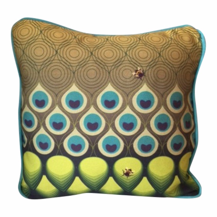 Green Peacock Design Cushion by Katie Wallis