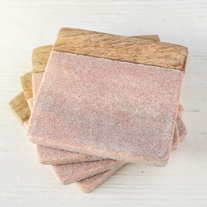 Pink Marble & Mango Wood Coasters (Set of 4) by Dassie Artisan